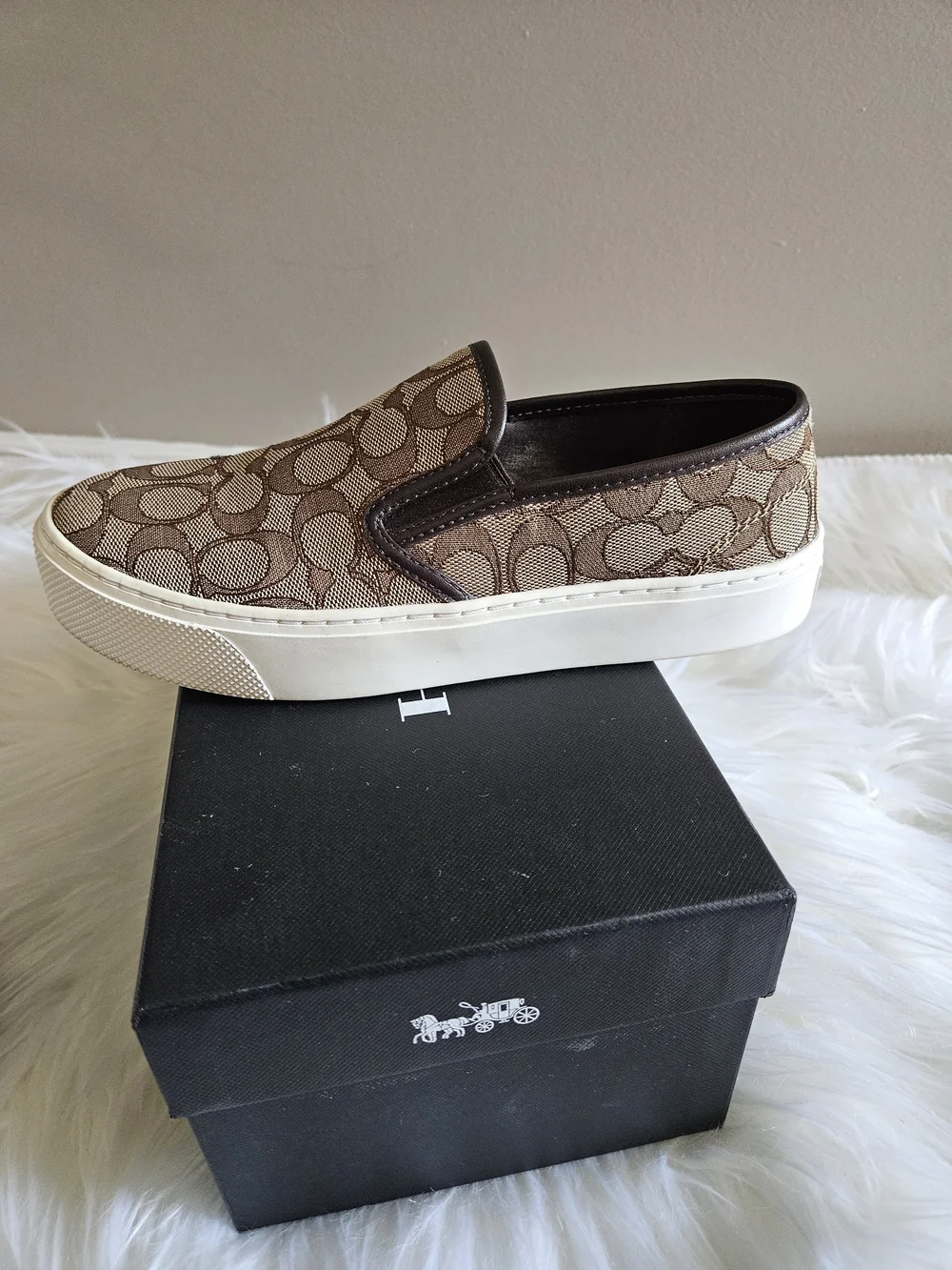 Coach Signature Canvas Slip-On Sneakers in Brown and White